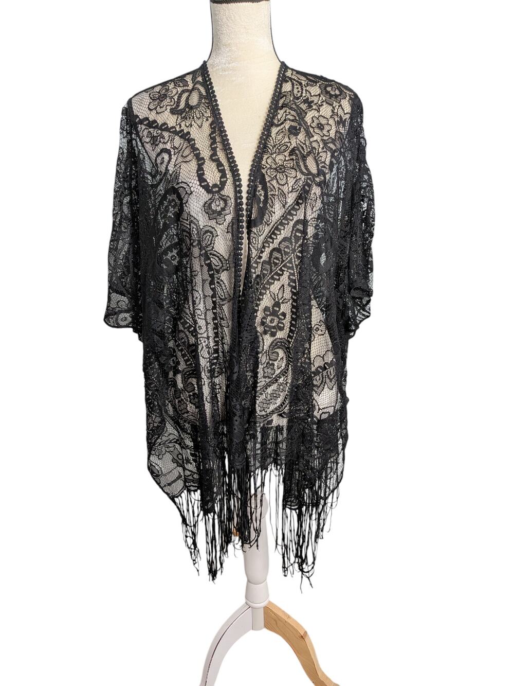 Mixit Women's Black Crochet Lace Kimono Shawl Wrap Fringe Witchy Goth Whimsygoth